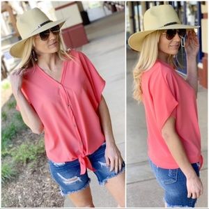Infinity Raine Tops - Neon Coral Button Down Tie Front Tunic Infinity Raine Tops - Neon Coral Button Down Tie Front Tunic